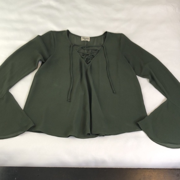 Show Me Your Mumu The Zuko Top Green Lace Up Bell Sleeve Size S - Picture 7 of 11